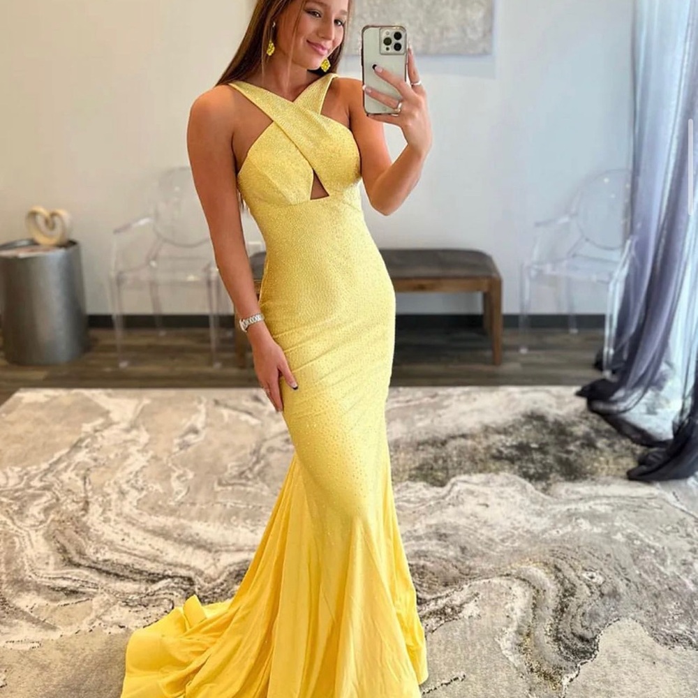 Yellow Sequin Halter Cutout Prom Dress